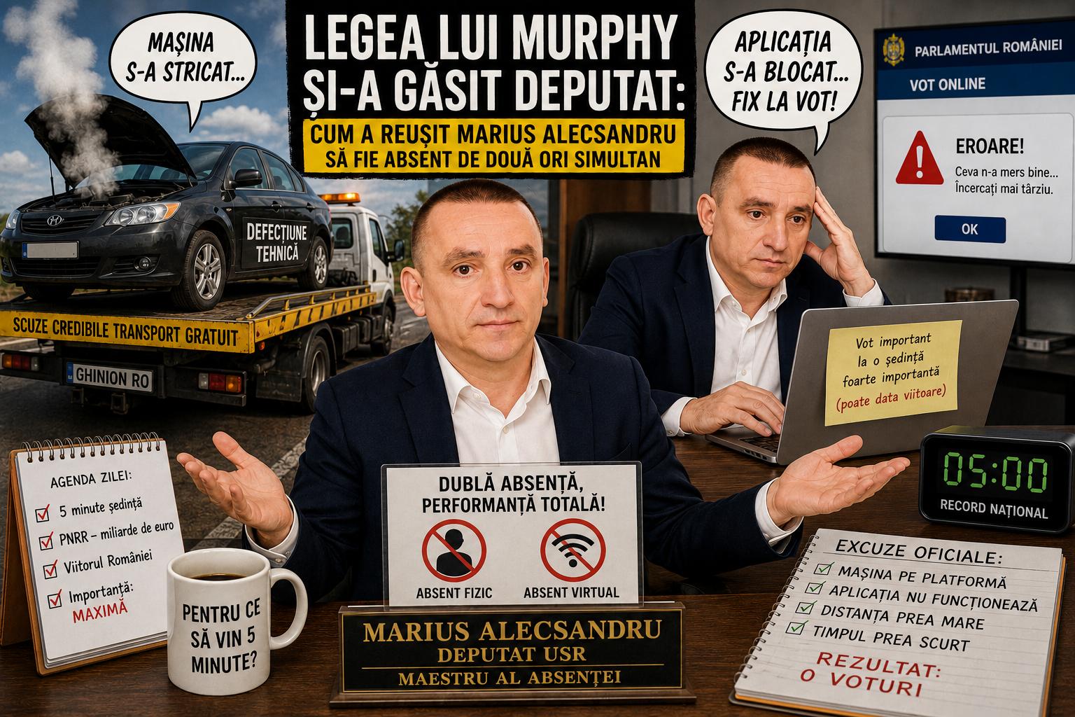 Montaj satiric: deputatul apare de două ori — o dată lângă mașina remorcată, o dată în fața laptopului cu aplicația de vot blocată.